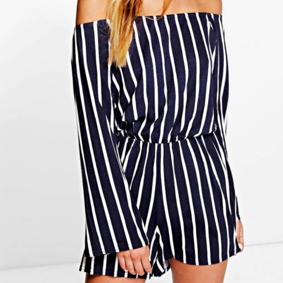 Off the Shoulder Blue Striped Romper 4 - Picture 1 of 6